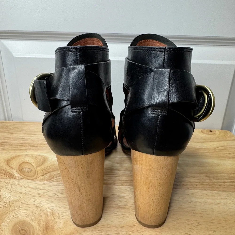 Derek Lam 10 Crosby Black Leather Cutout Wooden Block Heel Ankle Boots Size 9